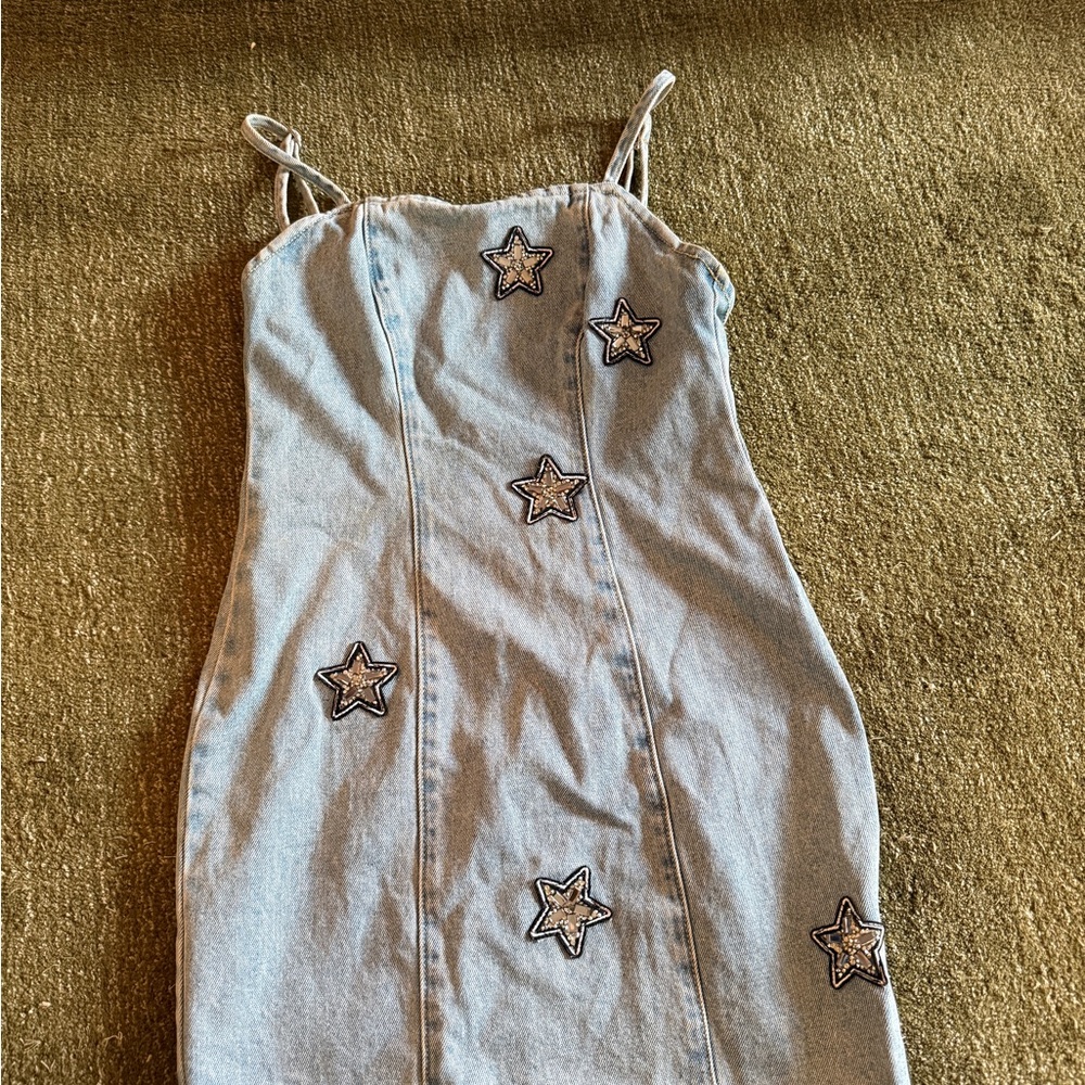 Vintage Light Wash Denim Star Patch Slip Dress